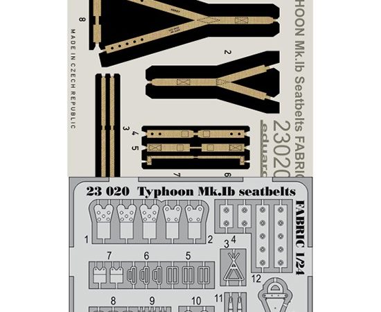 eduard 23020 Seatbelts Typhoon Mk.Ib Fabric 1/24 Cinturones de seguridad impresos a color y hebillas en fotograbado para las maquetas del Typhoon Mk.Ib de Airfix 1/24.