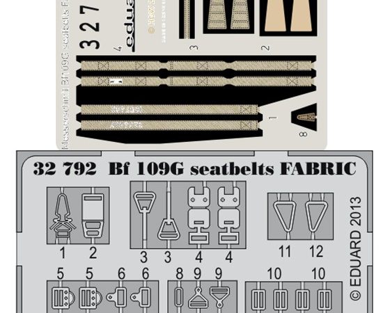 eduard 32792 Seatbelts Messerschmitt Bf 109G Fabric 1/32 Cinturones de seguridad impresos a color y hebillas en fotograbado para el caza de la Luftwaffe Messerschmitt Bf 109G.