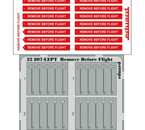 eduard 32807 Remove Before Flight Fabric 1/32 Piezas en fotograbado y material impreso a color de los letreros Remove Before Flight de la Fuerza Aérea.