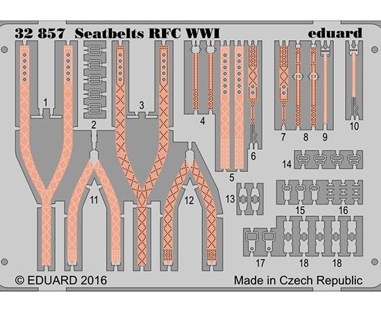 eduard 32857 Seatbelts RFC WWII 1/32 Cinturones de seguridad en fotograbado coloreado para los aviones británicos durante la Primera Guerra Mundial.