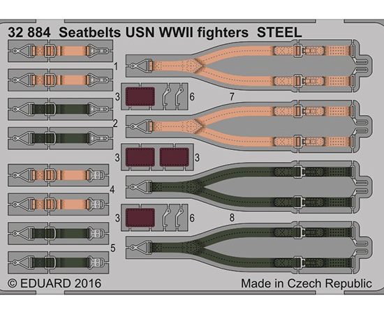 eduard 32884 Seatbelts STEEL USN Fighters WWII 1/32 Cinturones de seguridad en fotograbado coloreado para los aviones de caza de la marina norteamericana durante la Segunda Guerra Mundial.