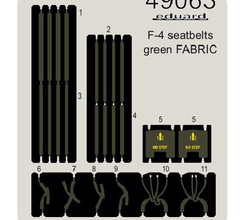 eduard 49063 Seatbelts Green F-4 Phantom Fabric 1/48 Cinturones de seguridad impresos a color y hebillas en fotograbado para las maquetas del F-4 Phantom.
