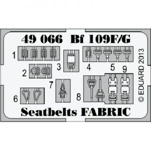 eduard 49066 Seatbelts Bf 109F/G Fabric 1/48 Cinturones de seguridad impresos a color y hebillas en fotograbado para las maquetas del Messerschmitt Bf 109F/G