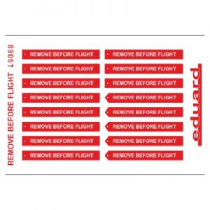 eduard 49068 Remove Before Flight Fabric 1/48 Piezas en fotograbado y material impreso a color de los letreros Remove Before Flight de la Fuerza Aérea