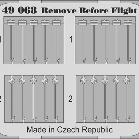 eduard 49068 Remove Before Flight Fabric 1/48 Piezas en fotograbado y material impreso a color de los letreros Remove Before Flight de la Fuerza Aérea