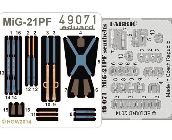eduard 49071 Seatbelts MIG-21PF Fabric 1/48 Cinturones de seguridad impresos a color y hebillas en fotograbado para la maqueta del MIG-21PF.