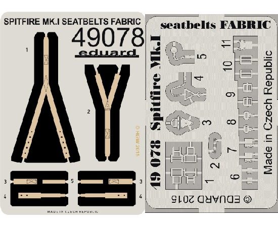 eduard 49078 Seatbelts Spitfire Mk.I Fabric 1/48 Cinturones de seguridad impresos a color y hebillas en fotograbado para la maqueta del Spitfire Mk.I.