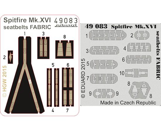 eduard 49083 Seatbelts Spitfire Mk.XVI Fabric 1/48 Cinturones de seguridad impresos a color y hebillas en fotograbado para la maqueta del Spitfire Mk.XVI