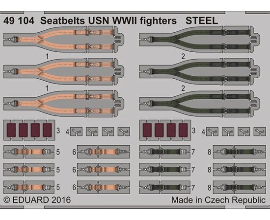 eduard 49104 Seatbelts STEEL USN Fighters WWII 1/48 Cinturones de seguridad en fotograbado coloreado para los aviones de la Marina Americana durante la Segunda Guerra Mundial.