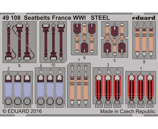 eduard 49108 Seatbelts STEEL France WWI 1/48 Cinturones de seguridad en fotograbado coloreado para los aviones franceses durante la Primera Guerra Mundial.