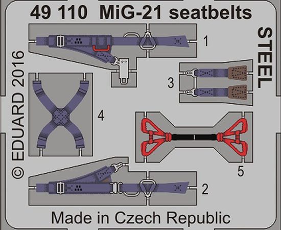 eduard 49110 Seatbelts STEEL MIG-21 1/48 Cinturones de seguridad en fotograbado coloreado para la maqueta del MIG-21.