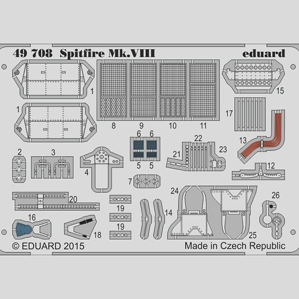 eduard 49708 Spitfire Mk.VIII (Eduard) 1/48 Piezas en fotograbado a color para superdetallar la maqueta indicada. Escala 1/48