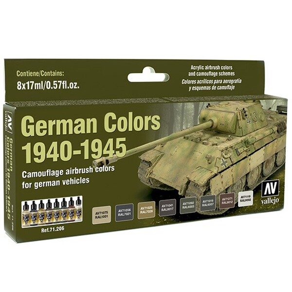 acrylicos vallejo model air av71206 German Colors 1940-1945 El set German Colors 1940-1945 contiene 8 colores Model Air en 17 ml., para pintar los vehículos alemanes desde 1940 hasta 1945. Incluye en la contraportada esquemas de camuflaje realizados por Euromodelismo.