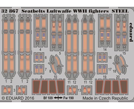 eduard 32867 Seatbelts STEEL Luftwaffe Fighters WWII 1/32 Cinturones de seguridad en fotograbado coloreado para los aviones de caza alemanes durante la Segunda Guerra Mundial.