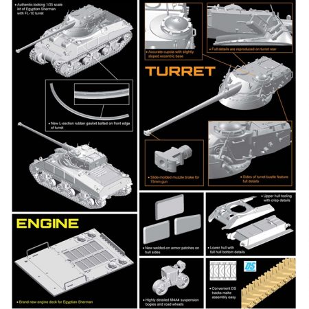 dragon 3570 Egyptian Sherman Kit en plástico para montar y pintar. Representa un Sherman egipcio formado por un casco de Sherman M4A2 Diesel con una torreta FL-10 del AMX-13.