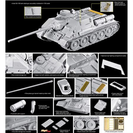 dragon 3572 Egyptian Su-100 Tank Destroyer Kit en plástico para montar y pintar. Incluye piezas en fotograbado y cadenas por eslabones individuales.