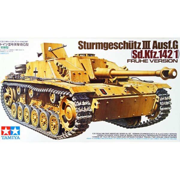 tamiya 35197 German Sturmgeschutz III Ausf.G Early Version Kit en plástico para montar y pintar. Incluye 2 figuras de carristas con su mascota. Varias opciones de decoración.