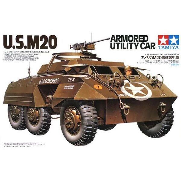 tamiya 35234 U.S. M20 Armored Utility Car Kit en plástico par amontar y pintar. Incluye figura de conductor y de comandante.