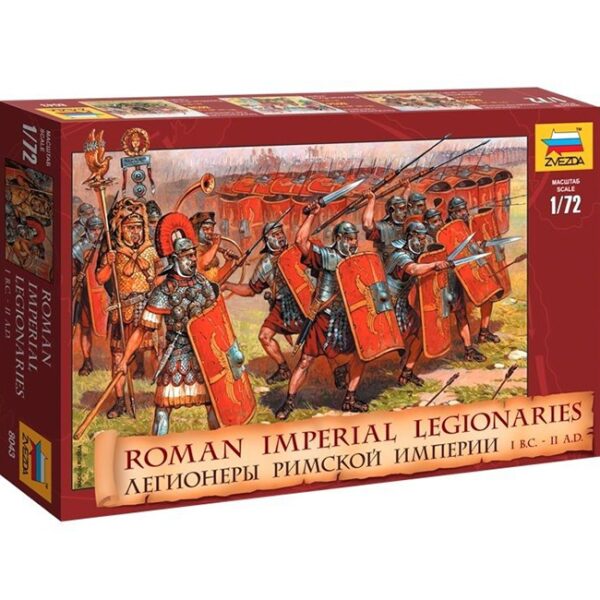 zvezda 8043 Roman Imperial Legionaries I B.C. II A.D. Legionarios vestidos con armadura de placas, "lorica segmentata" y armados con lanzas y pilastras con espadas de doble filo. Parte de los soldados están en posición de "Tortuga".