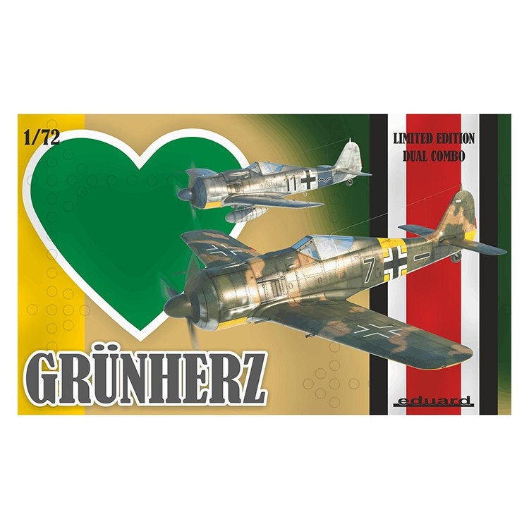 eduard 2122 Fw 190A Grünherz DUAL COMBO La caja incluye 2 kits completos de Focke Wulf Fw 190A volando con la Jagdgeschwader 54 Grün Herz (Corazones Verdes).