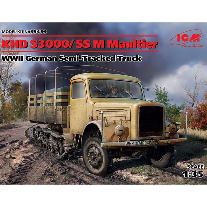 icm 35453 KHD S3000/SS M Maultier WWII German Semi-Tracked Truck Kit en plástico para montar y pintar. Incluye cadenas por tramo y eslabón y motor detallado.