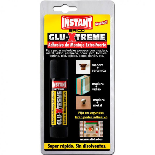 Adhesivo Barra Glu-Xtreme Blíster 20gr Adhesivo de Montaje Extra-Fuerte para pegar materiales porosos con: madera, metal, vidrio, cerámica, porex, pvc, fórmica, papel, cartón, tejidos, corcho, piel, etc.
