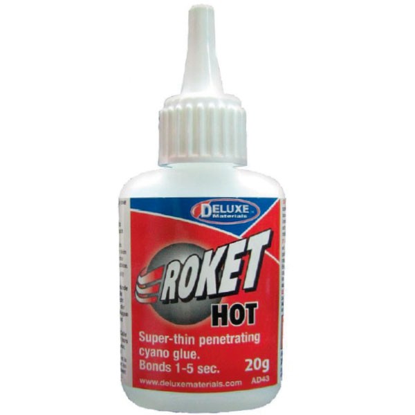 DELUXE Roket Hot 20gr Cianocrilato Adhesivo de cianocrilato de viscosidad súper fina, rápido y penetrante; secado en 1-5 seg.