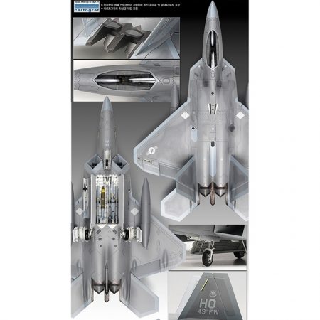 academy 12423 F-22A Air Dominance Fighter Kit en plástico para montar y pintar. Se puede montar con la bodega de armamento abierta o cerrada. Hoja de calcas por Cartograf con 4 decoraciones.