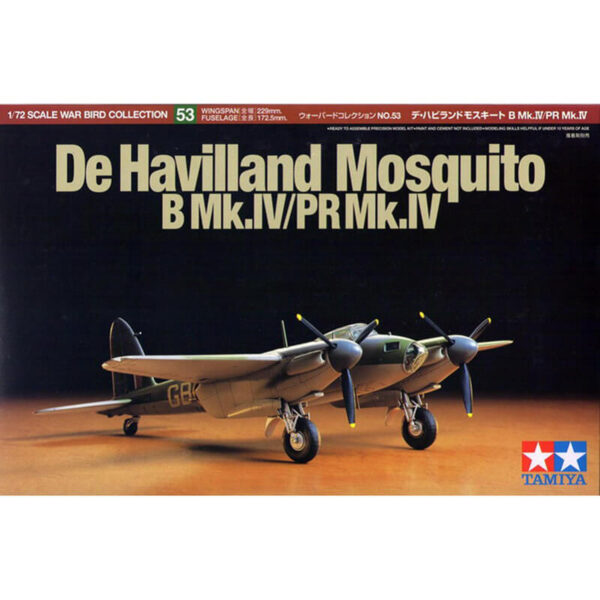 tamiya 60753 De Havilland Mosquito B Mk.IV/ PR Mk.IV Kit en plástico para montar y pintar. Hoja de calcas con 2 decoraciones