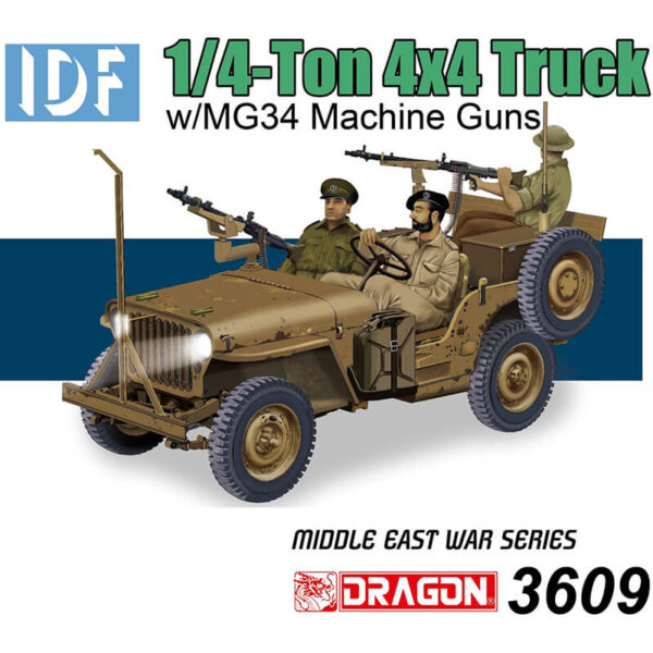 DRAGON 3609 IDF 1/4-Ton 4x4 Truck w/MG34 Machine Guns 50th Aniversary Yhe Six-Day War Kit en plástico para montar y pintar. Incluye fotograbados y motor detallado.
