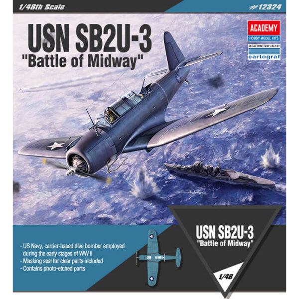 Academy 12324 USN SB2U-3 Vindicator Battle of Midway Kit en plástico para montar y pintar. Longitud 216 mm Hoja de calcas con 3 decoraciones de la batalla de Midway.