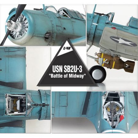 Academy 12324 USN SB2U-3 Vindicator Battle of Midway Kit en plástico para montar y pintar. Longitud 216 mm Hoja de calcas con 3 decoraciones de la batalla de Midway.
