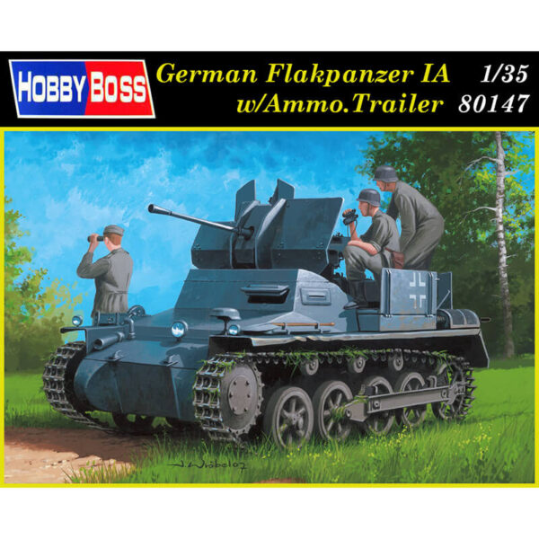 hobby boss 80147 German Flakpanzer IA w/Ammo.Trailer Kit en plástico para montar y pintar. Incluye piezas en fotograbado y cadenas por eslabones individuales. Hoja de calcas con 2 decoraciones