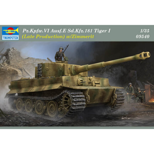 trumpeter 09540 Pz.Kpfw.VI Ausf.E Sd.Kfz.181 Tiger I Late Production w/Zimmerit Kit en plástico para montar y pintar. Incluye piezas en fotograbado, textura de zimmerit y cadenas por eslabones individuales. Hoja de calcas con 5 decoraciones