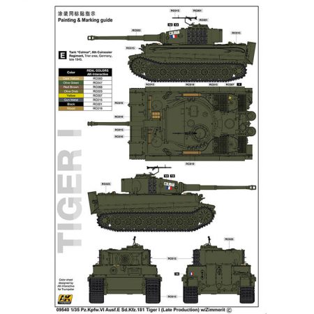 trumpeter 09540 Pz.Kpfw.VI Ausf.E Sd.Kfz.181 Tiger I Late Production w/Zimmerit Kit en plástico para montar y pintar. Incluye piezas en fotograbado, textura de zimmerit y cadenas por eslabones individuales. Hoja de calcas con 5 decoraciones