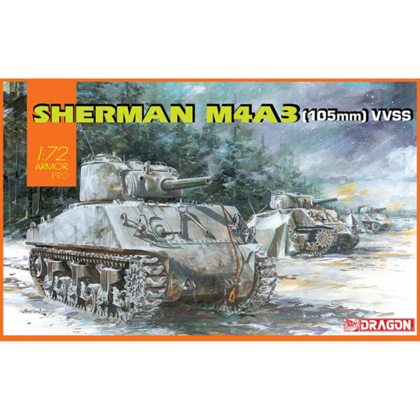 dragon 7569 Sherman M4A3 (105mm) VVSS Kit en plástico para montar y pintar. Dos opciones de decoración: 6th Armored Division, Luxembourg 1945 8th Tank Battalion, 4th Armored Division, Francia 1944 Piezas 105+