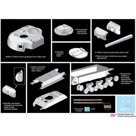 dragon 7569 Sherman M4A3 (105mm) VVSS Kit en plástico para montar y pintar. Dos opciones de decoración: 6th Armored Division, Luxembourg 1945 8th Tank Battalion, 4th Armored Division, Francia 1944 Piezas 105+