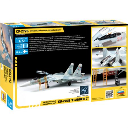 zvezda 7294 Russian combat training aircraft Su-27UB Kit en plástico para montar y pintar. Hoja de calcas con 5 decoraciones. Longitud 314 mm Piezas 178