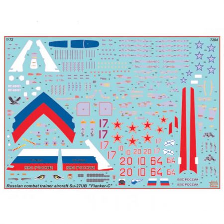 zvezda 7294 Russian combat training aircraft Su-27UB Kit en plástico para montar y pintar. Hoja de calcas con 5 decoraciones. Longitud 314 mm Piezas 178