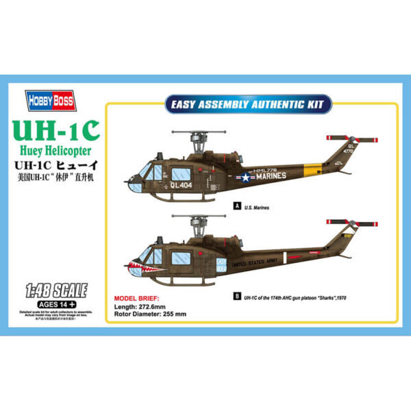 HOBBY BOSS 85803 UH-1C Huey Helicopter Kit en plástico para montar y pintar.  Hoja de calcas con 2 decoraciones. Dimensiones: 272,6 x 255 mm Piezas 30