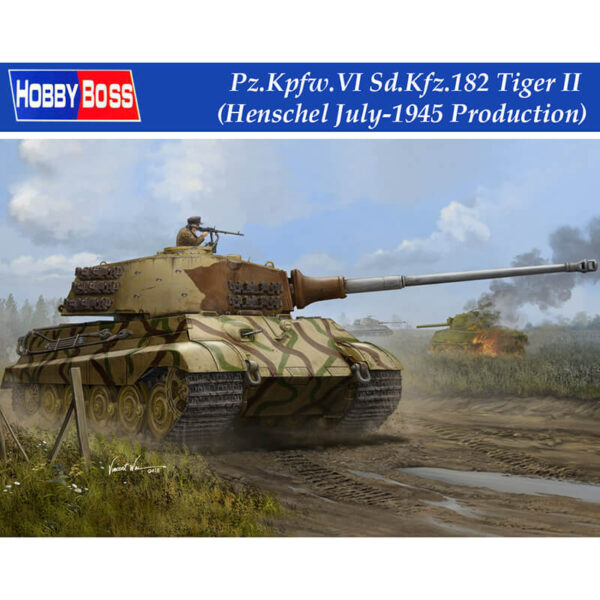 hobby boss 84533 Pz.Kpfw.VI Sd.Kfz.182 Tiger II Henschel July 1945 Production Kit en plástico para montar y pintar.  Incluye fotograbados, cañón torneado en metal y cadenas por eslabones individuales.