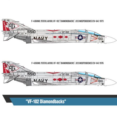 academy 12323 USN F-4J VF-102 Diamondbacks Kit en plástico para montar y pintar. Incluye armamento completo aire-aire y aire-superficie. Tres figuras de pilotos, 2 sentados y 1 de pies.