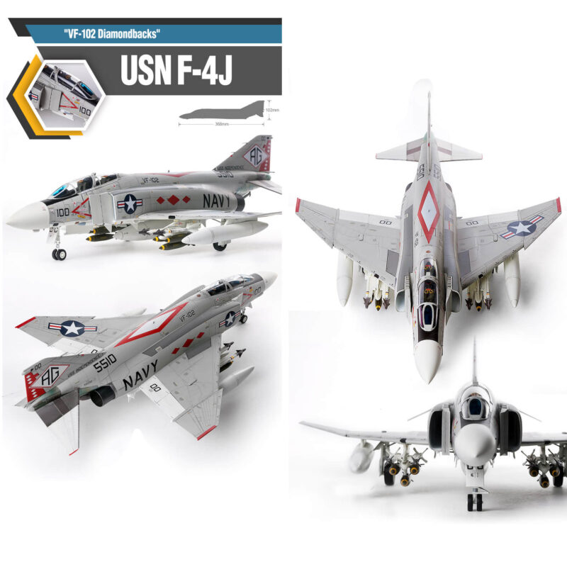 academy 12323 USN F-4J VF-102 Diamondbacks Kit en plástico para montar y pintar. Incluye armamento completo aire-aire y aire-superficie. Tres figuras de pilotos, 2 sentados y 1 de pies.