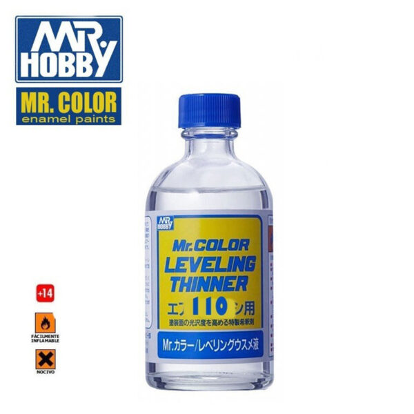 T106 Mr Color Leveling Thinner 110ml Mr Hobby, Mr Color Leveling Thinner contiene un retardante de secado por lo que la pintura tiene más tiempo para extenderse y nivelarse.