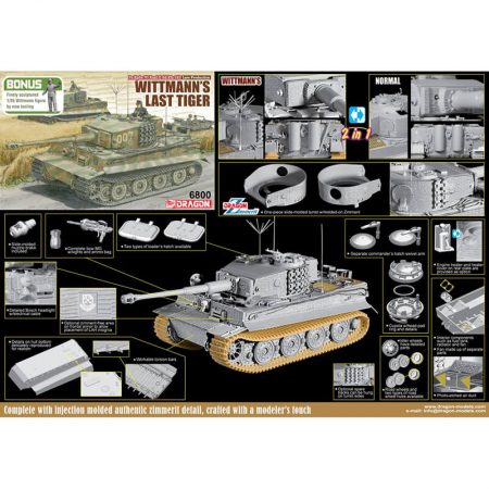 dragon 6800 Wittmann´s Last Tiger 2in1 Pz.Kpfw. VI Ausf.E Sd.Kfz.181 Late Producction Kit en plástico para montar y pintar. Incluye piezas en fotograbado, textura grabada de zimmerit y figura de Michael Witmann.