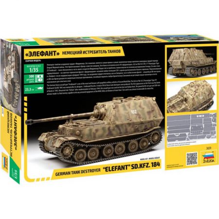 zvezda 3659 Sd.Kfz.184 Elefant German Tank Destroyer Kit en plástico para montar y pintar. Cadenas por tramos y eslabón. Incluye hoja de calca con la textura de zimmerit grabada.