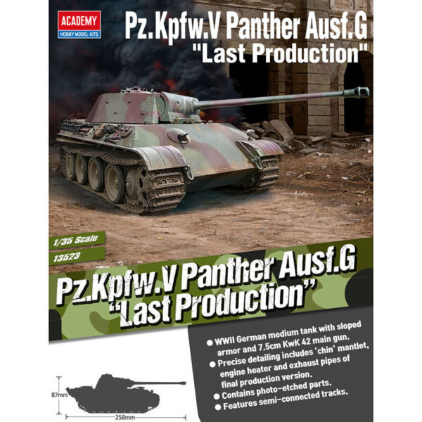 academy 13523 German Sd.Kfz.171 Pz.Kpfw.V Panther Ausf.G Last Production Kit en plástico para montar y pintar. Incluye piezas en fotograbado y cadenas por tramo y eslabón.