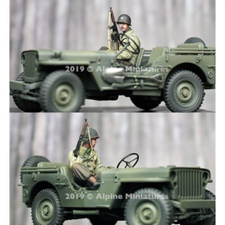 alpine miniatures 35260 WW2 US Jeep Passenger Kit en resina para montar y pintar. El kit incluye 1 figura y 2 cabezas con casco o casco con malla.