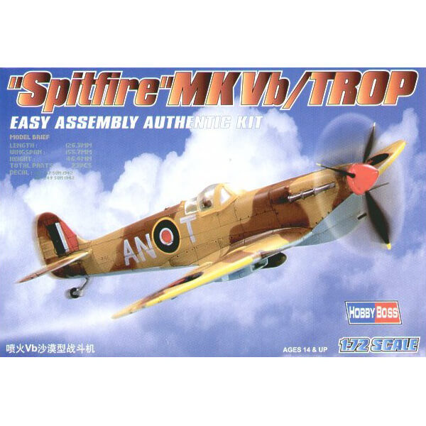 hobby boss 80213 Supermarine Spitfire Mk.Vb/Trop 1/72 Kit en plástico para montar y pintar.Hoja de calcas con 2 decoraciones.