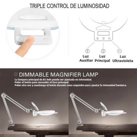 dismoer 19535 Flexo lupa de mesa triple luz leds regulable Lente 5 y 20 Dioptrias para modelismo y electrónica